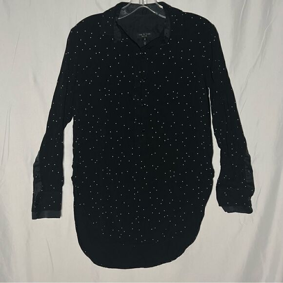 Rag & Bone Silk Quarter Button Down Long Sleeve Black Star Print Dress Shirt S - Picture 1 of 8
